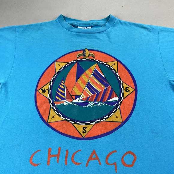 Vintage Sail Boat T-Shirt Mens Large Blue Ocean Art Nautical Chicago USA 90s - Picture 2 of 16